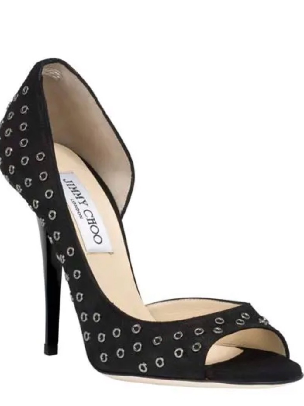 Jimmy Choo Black Suede Open-Toe D'Orsay Heel with Silver Eyelets
